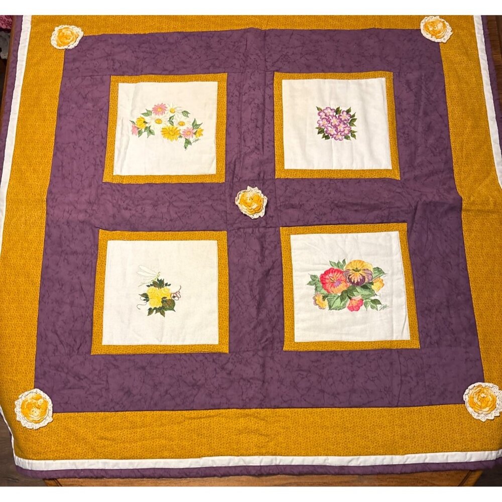 Handcrafted Purple and Gold Quilt With Embroidered & Crocheted Flowers 43x43"‎